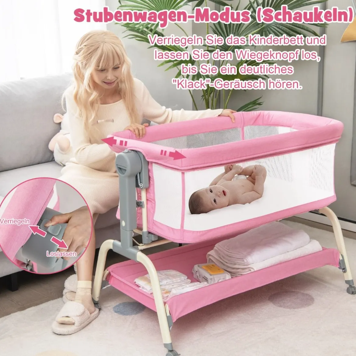 4 in 1 Mobiles Babybett mit Moskitonetz & Matratze & 6 Verstellbaren Höhen Rosa