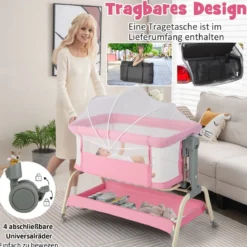 4 in 1 Mobiles Babybett mit Moskitonetz & Matratze & 6 Verstellbaren Höhen Rosa