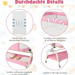 4 in 1 Mobiles Babybett mit Moskitonetz & Matratze & 6 Verstellbaren Höhen Rosa