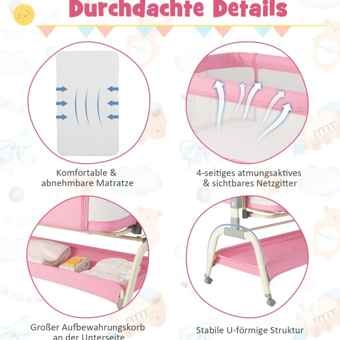 4 in 1 Mobiles Babybett mit Moskitonetz & Matratze & 6 Verstellbaren Höhen Rosa
