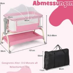 4 in 1 Mobiles Babybett mit Moskitonetz & Matratze & 6 Verstellbaren Höhen Rosa