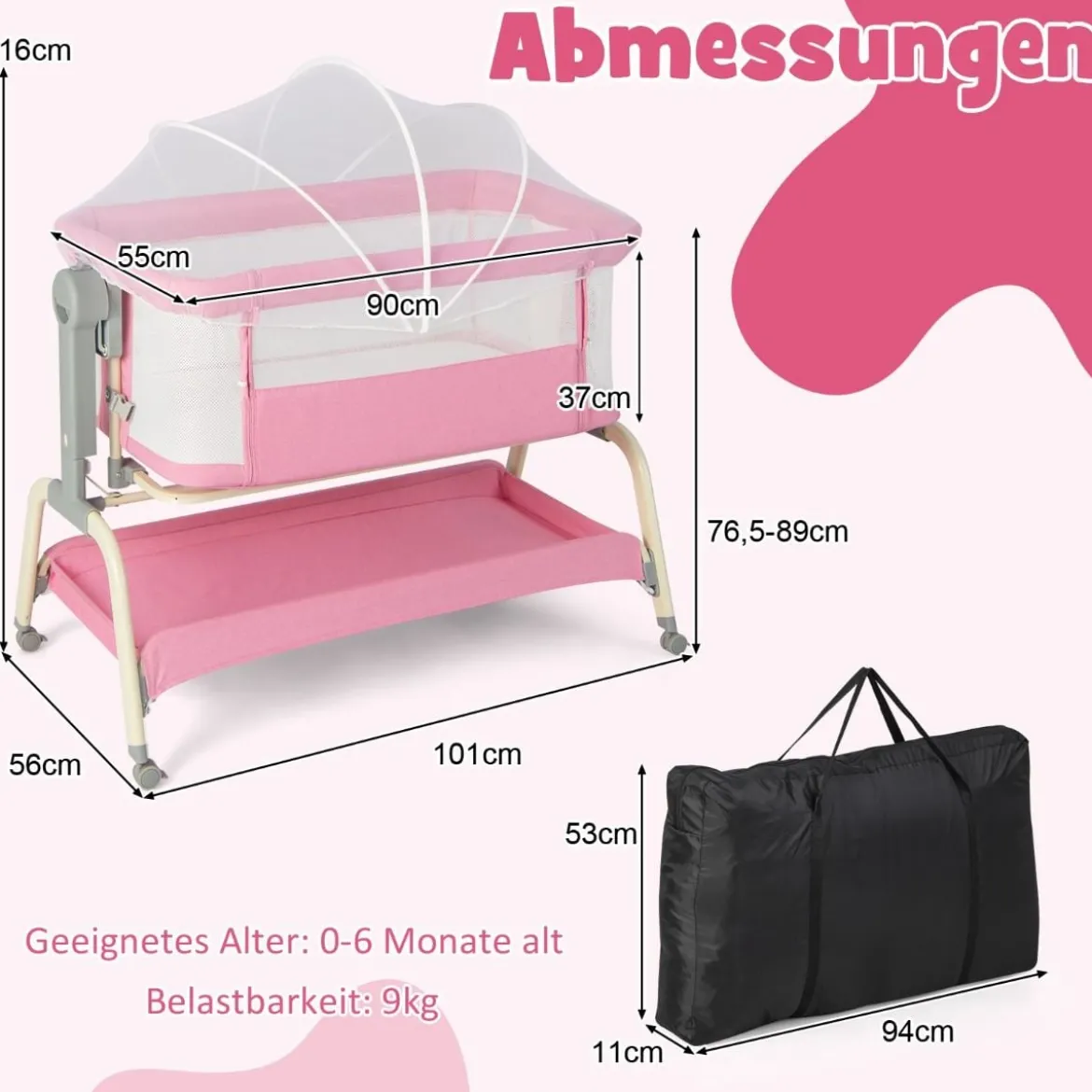 4 in 1 Mobiles Babybett mit Moskitonetz & Matratze & 6 Verstellbaren Höhen Rosa