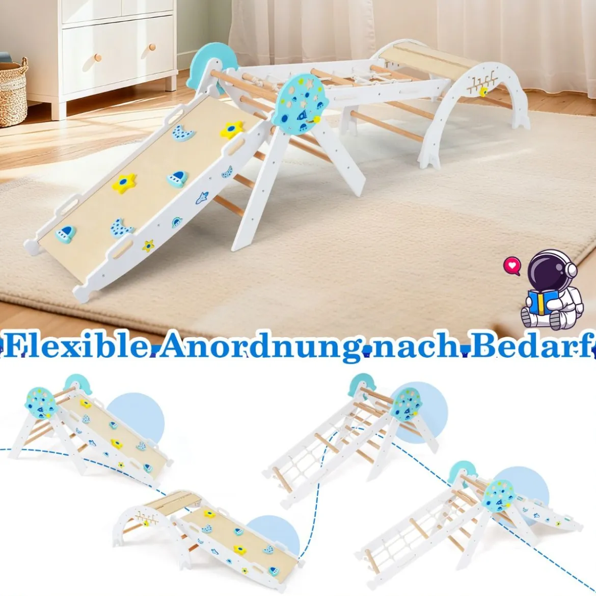 9 in 1 Montessori Klettergerüst Set mit Kletterbogen & Kletterseil & Leiter Holz Kletterdreieck Weiß