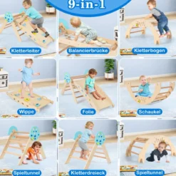 9 in 1 Montessori Klettergerüst Set mit Kletterbogen & Kletterseil & Leiter Holz Kletterdreieck Natur