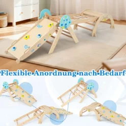 9 in 1 Montessori Klettergerüst Set mit Kletterbogen & Kletterseil & Leiter Holz Kletterdreieck Natur