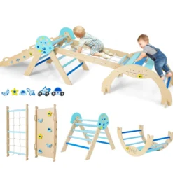 9 in 1 Montessori Klettergerüst Set mit Kletterbogen & Kletterseil & Leiter Holz Kletterdreieck Blau