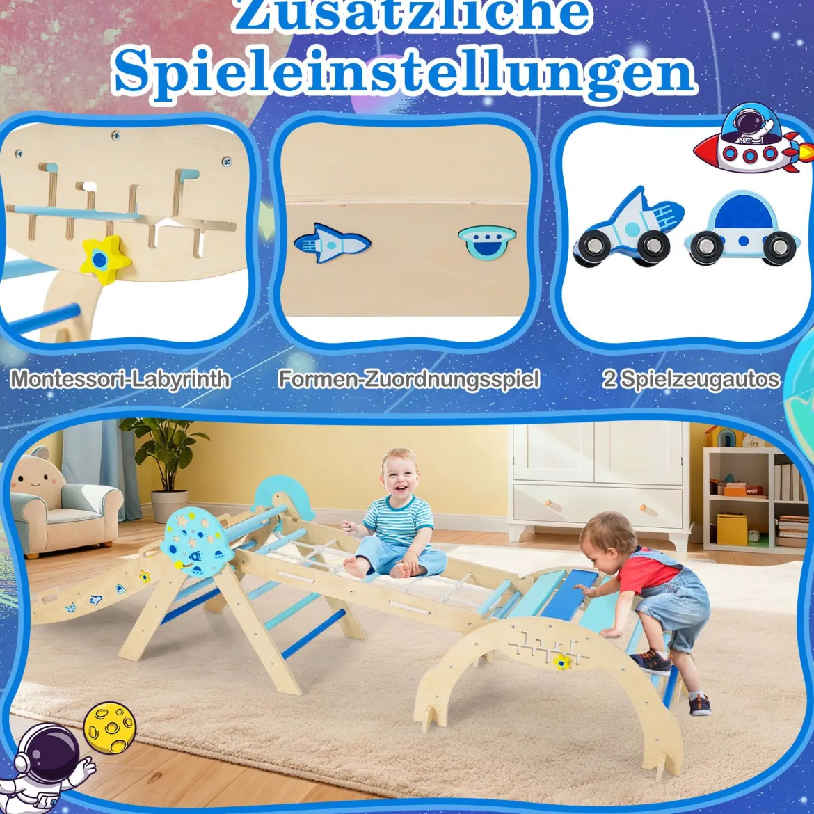 9 in 1 Montessori Klettergerüst Set mit Kletterbogen & Kletterseil & Leiter Holz Kletterdreieck Blau