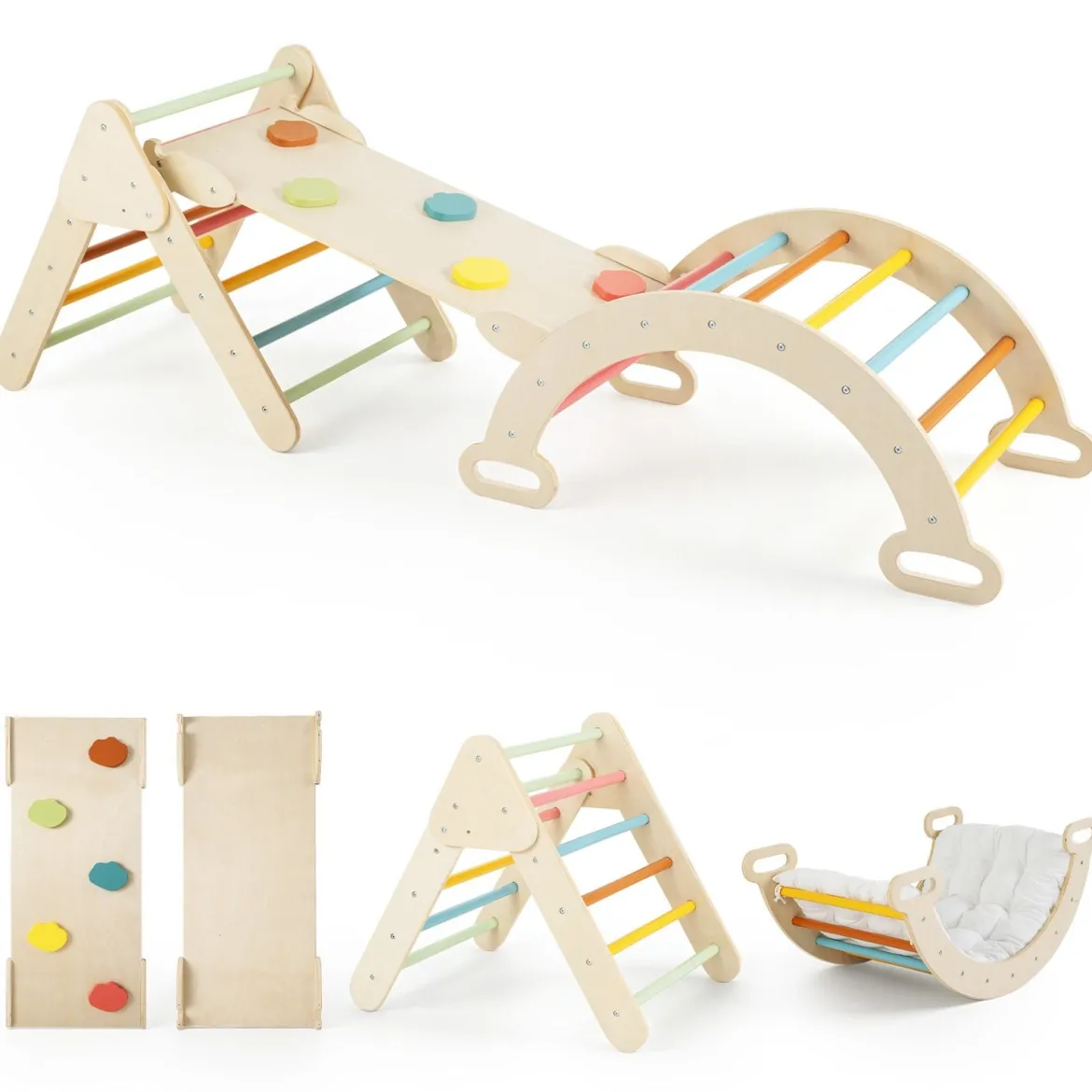 3 in 1 Montessori Klettersset aus Holz Spielset für Kinder ab 1 Jahr Klettergerüst Set Bunt