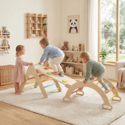 3 in 1 Montessori Klettersset aus Holz Spielset für Kinder ab 1 Jahr Klettergerüst Set Bunt