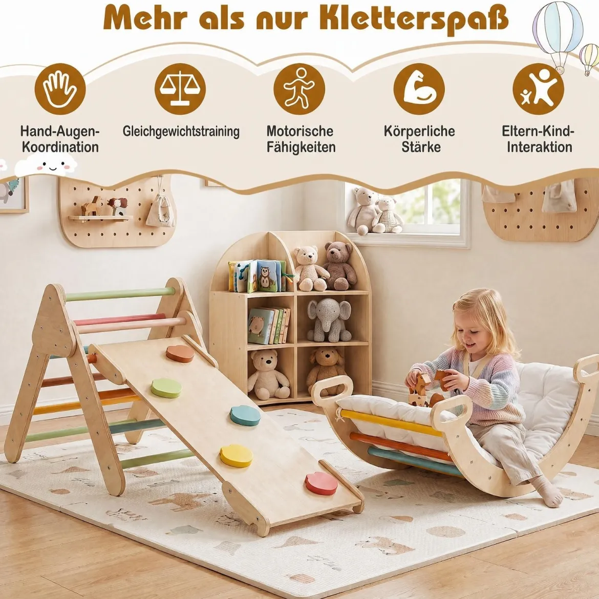 3 in 1 Montessori Klettersset aus Holz Spielset für Kinder ab 1 Jahr Klettergerüst Set Bunt