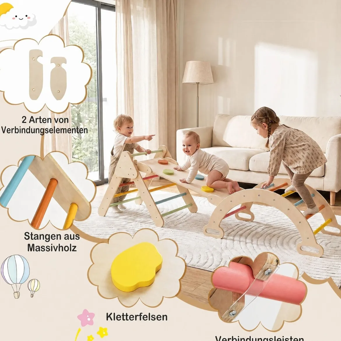 3 in 1 Montessori Klettersset aus Holz Spielset für Kinder ab 1 Jahr Klettergerüst Set Bunt