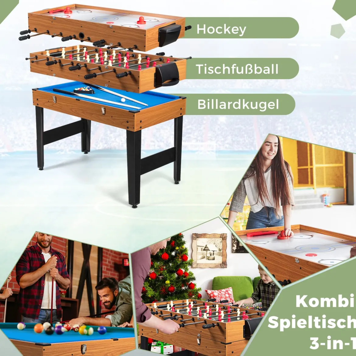 3 in 1 Multifunktionaler Spieltisch Tischkicker mit Tischfußball & Billard & Airhockey Kickertsich