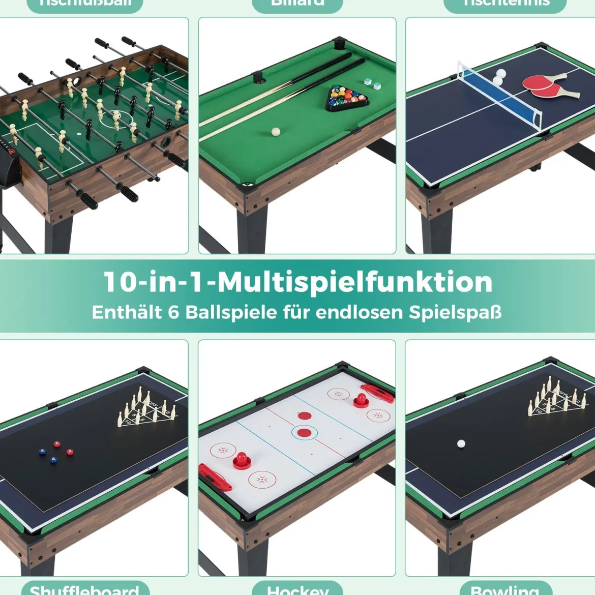 10-in-1 Multifunktionale Spieltische Combo Spieltisch mit Tischfußball Airhockey Billard Braun