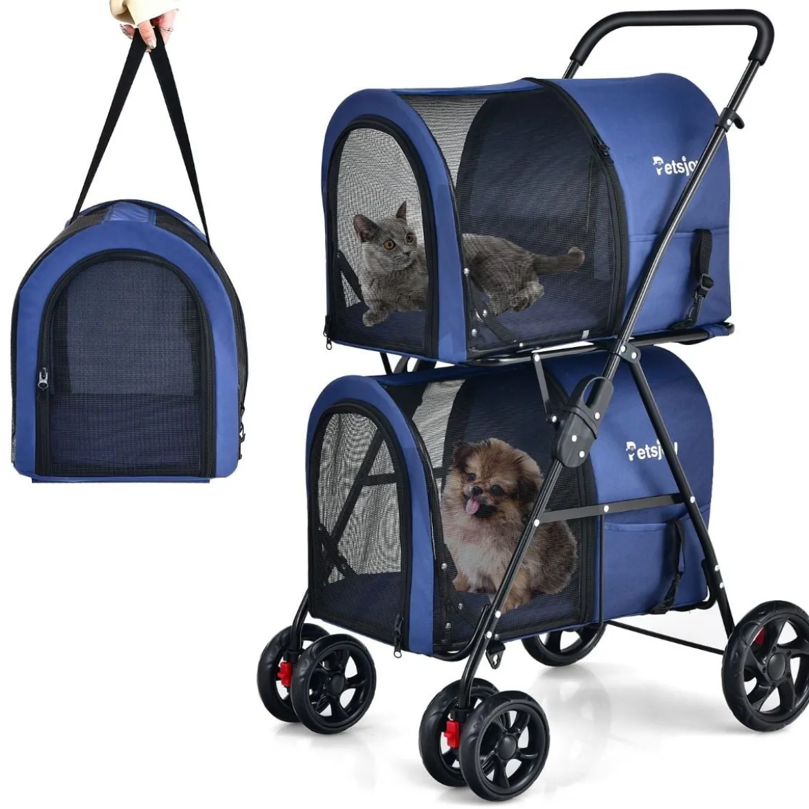 4 in 1 Multifunktionswagen Doppellagiger Kinderwagen für Haustiere Blau