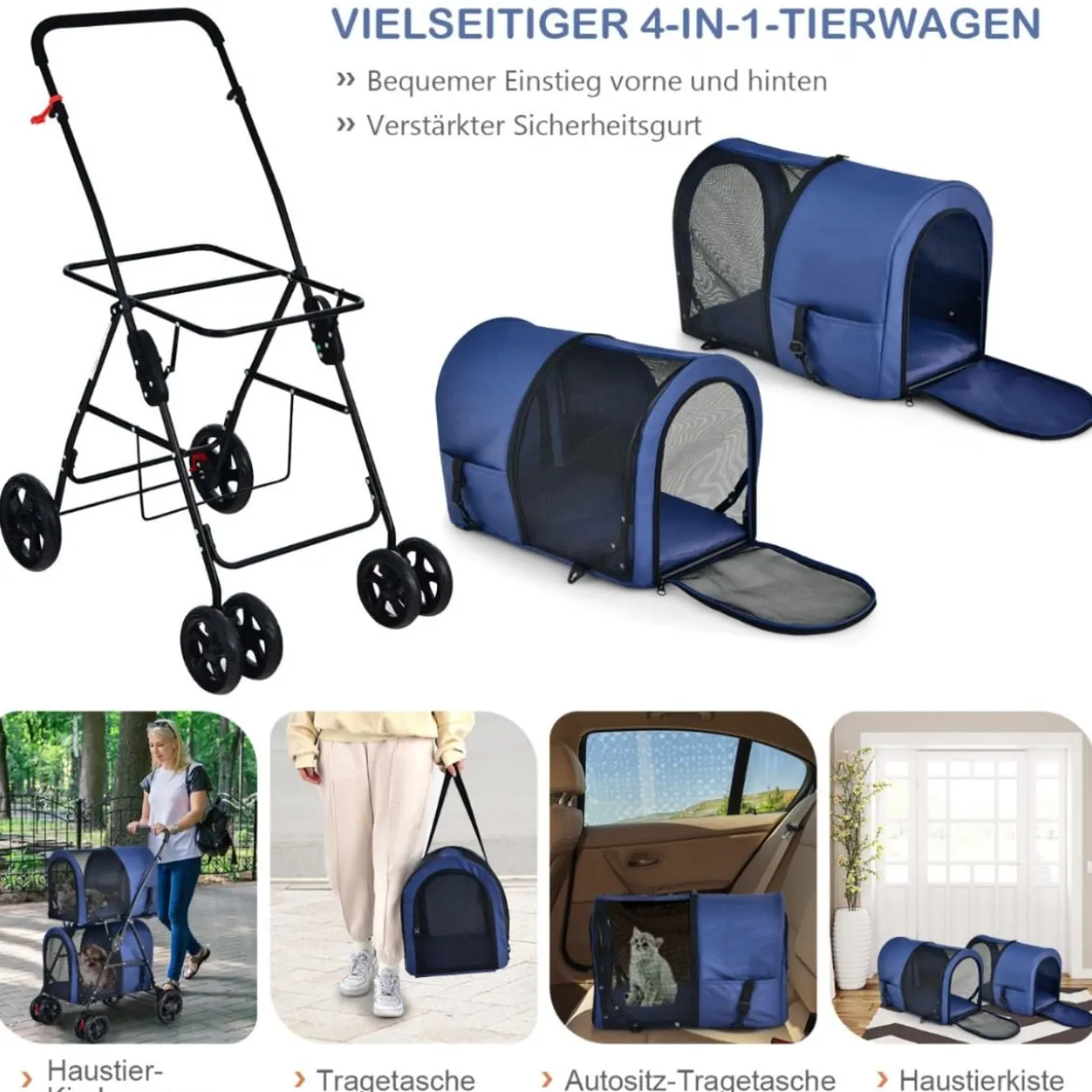 4 in 1 Multifunktionswagen Doppellagiger Kinderwagen für Haustiere Blau