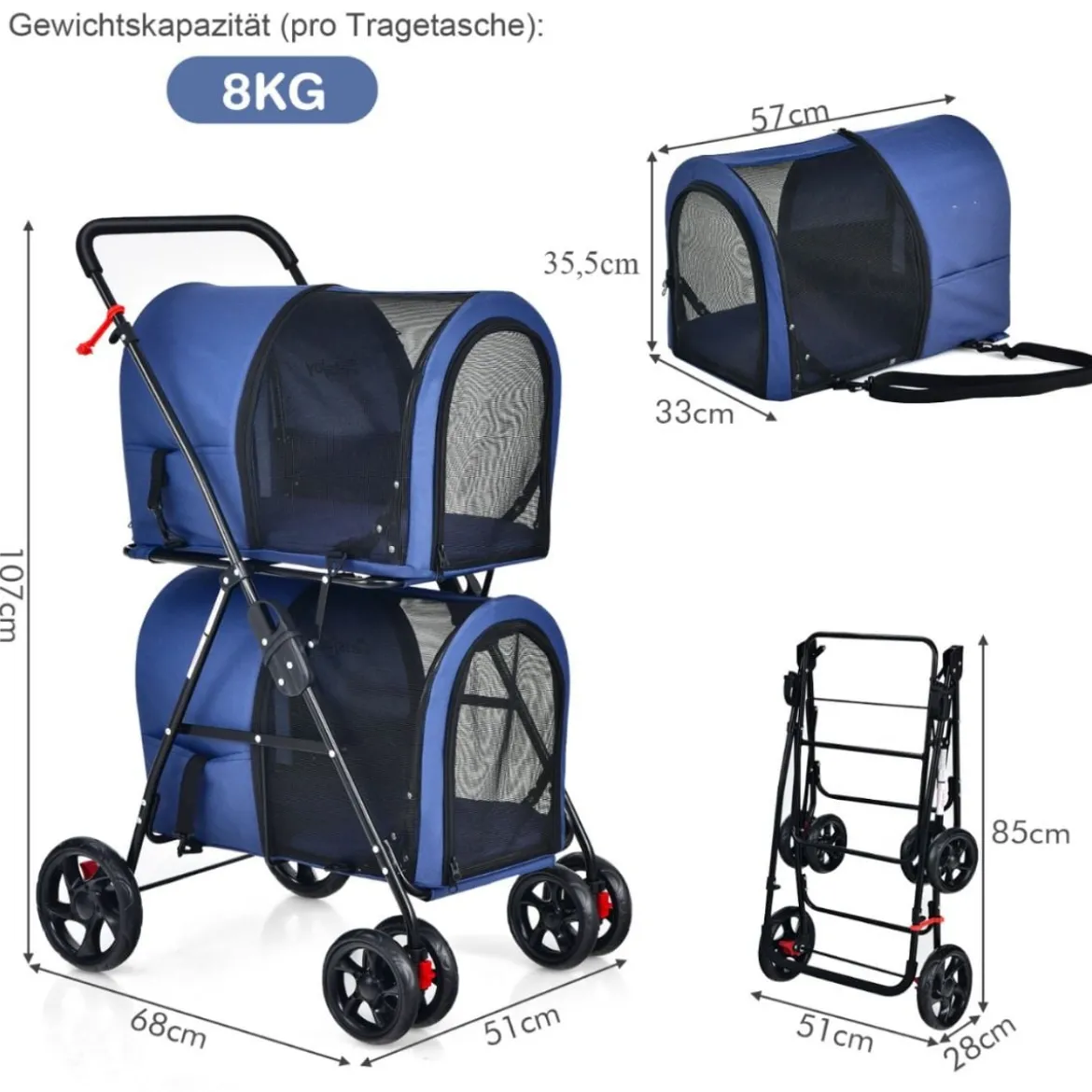 4 in 1 Multifunktionswagen Doppellagiger Kinderwagen für Haustiere Blau