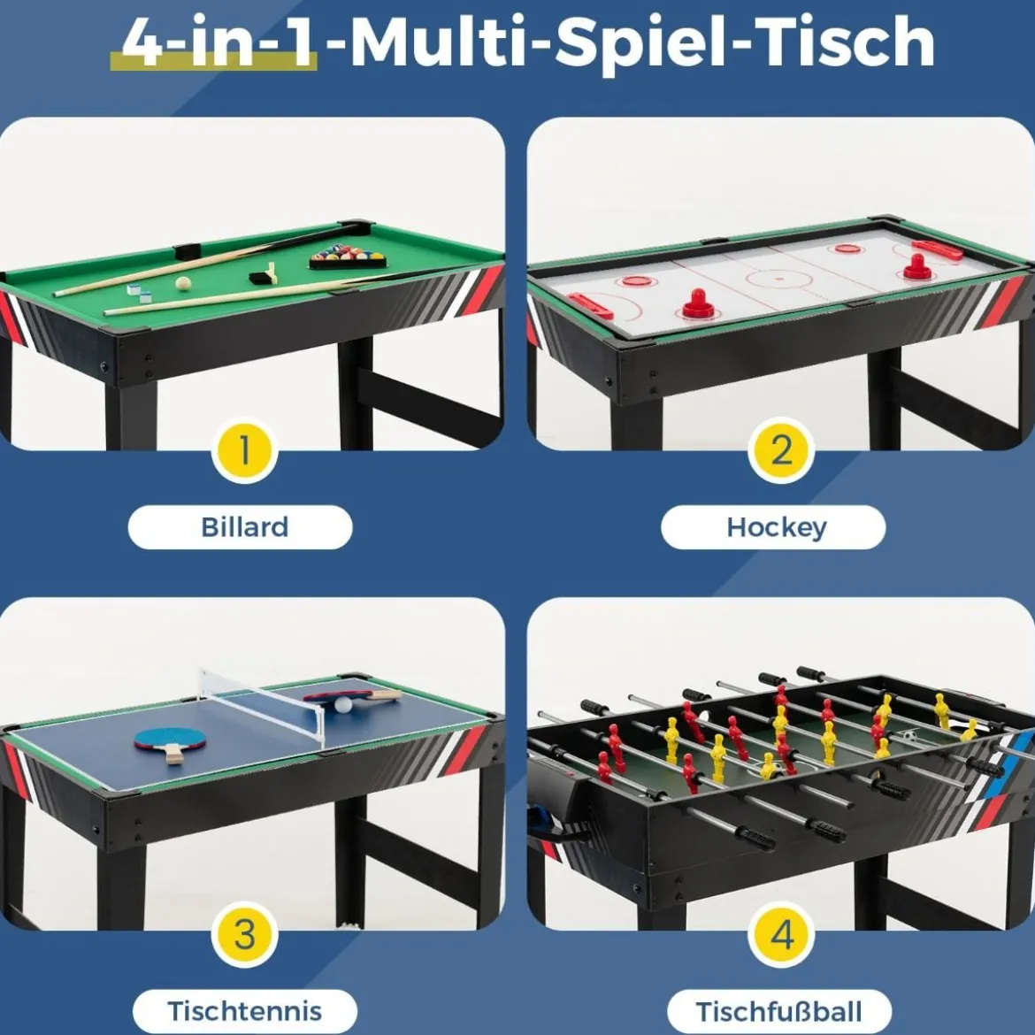4 in 1 Multispieltisch mit Tischkicker & Poolbillard & Airhockey & Tischtennis Arcade Spielset
