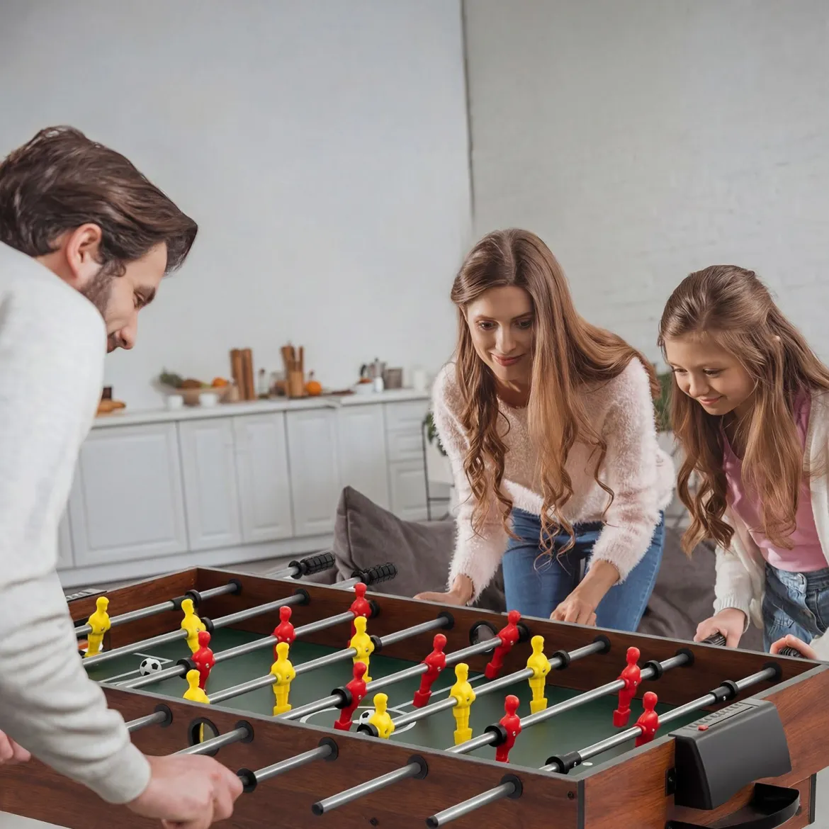 4 in 1 Multispieltisch mit Tischkicker & Poolbillard & Airhockey & Tischtennis Arcade Spielset Braun