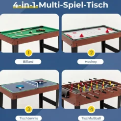 4 in 1 Multispieltisch mit Tischkicker & Poolbillard & Airhockey & Tischtennis Arcade Spielset Braun