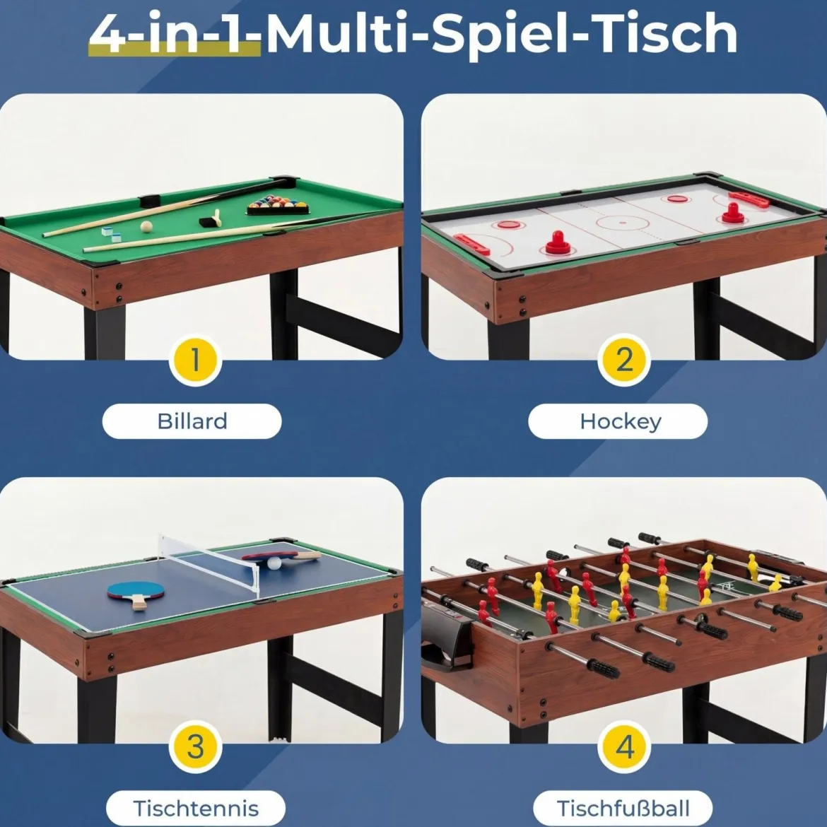 4 in 1 Multispieltisch mit Tischkicker & Poolbillard & Airhockey & Tischtennis Arcade Spielset Braun