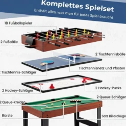 4 in 1 Multispieltisch mit Tischkicker & Poolbillard & Airhockey & Tischtennis Arcade Spielset Braun