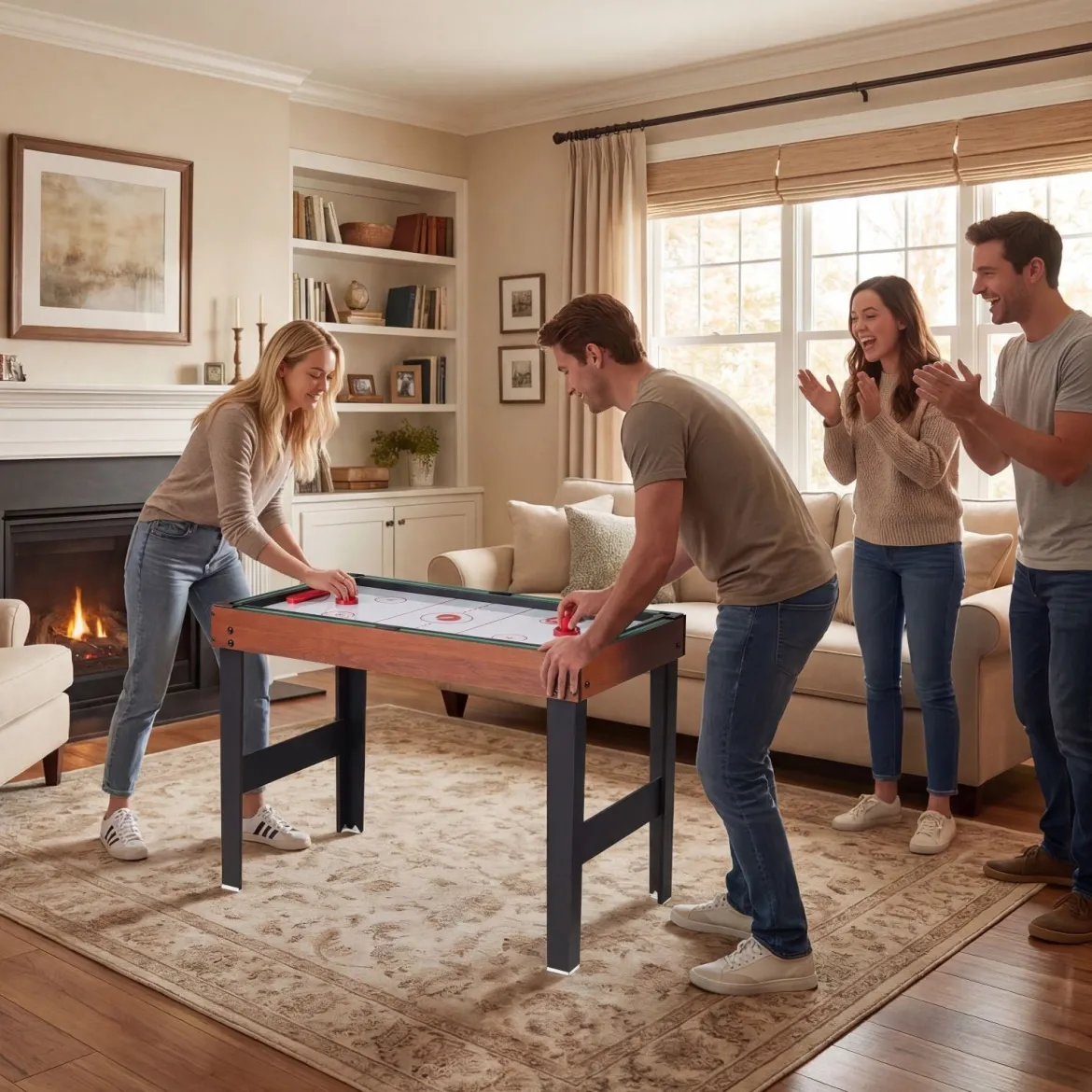 4 in 1 Multispieltisch mit Tischkicker & Poolbillard & Airhockey & Tischtennis Arcade Spielset Braun