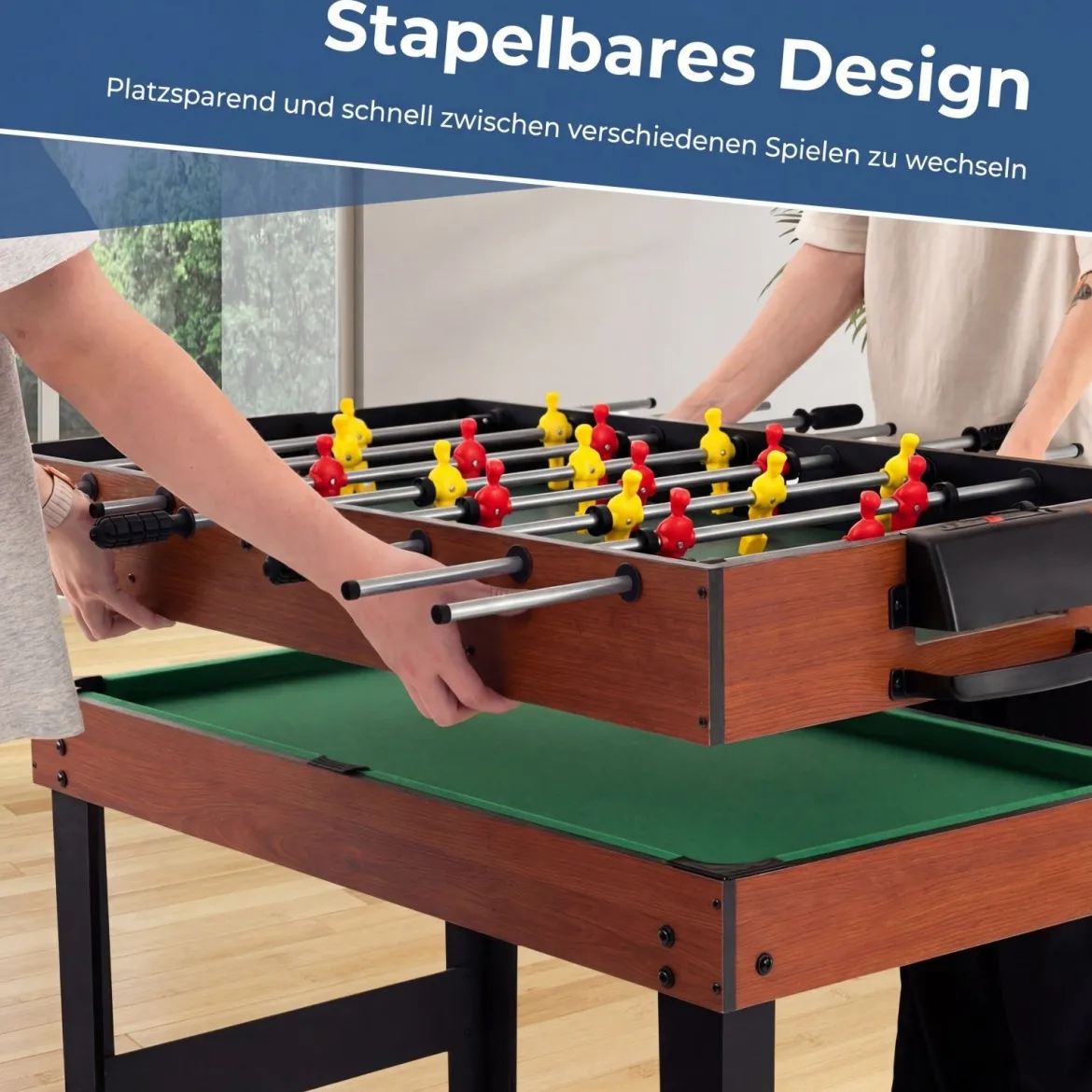 4 in 1 Multispieltisch mit Tischkicker & Poolbillard & Airhockey & Tischtennis Arcade Spielset Braun