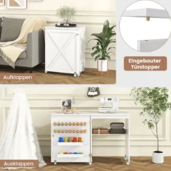 2 in 1 Nähschrank & Schreibtisch klappbar Nähtisch Mehrzweck-Bastelstation mit Ablagefläche Natur/Weiß