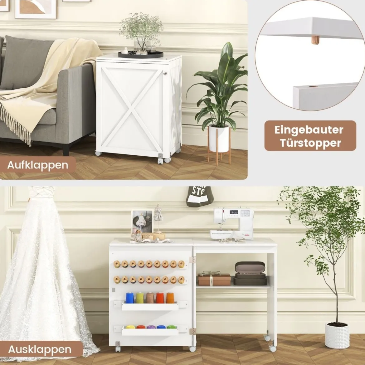 2 in 1 Nähschrank & Schreibtisch klappbar Nähtisch Mehrzweck-Bastelstation mit Ablagefläche Natur/Weiß
