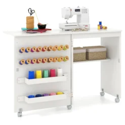 2 in 1 Nähschrank & Schreibtisch klappbar Nähtisch Mehrzweck-Bastelstation mit Ablagefläche Natur/Weiß