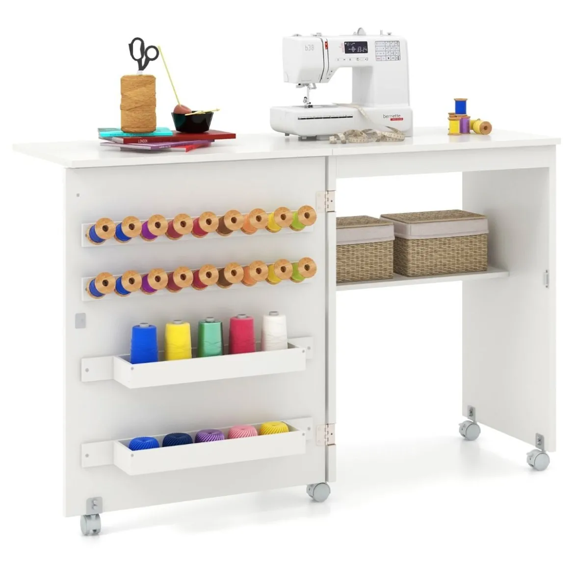 2 in 1 Nähschrank & Schreibtisch klappbar Nähtisch Mehrzweck-Bastelstation mit Ablagefläche Natur/Weiß