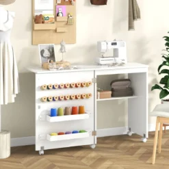 2 in 1 Nähschrank & Schreibtisch klappbar Nähtisch Mehrzweck-Bastelstation mit Ablagefläche Natur/Weiß