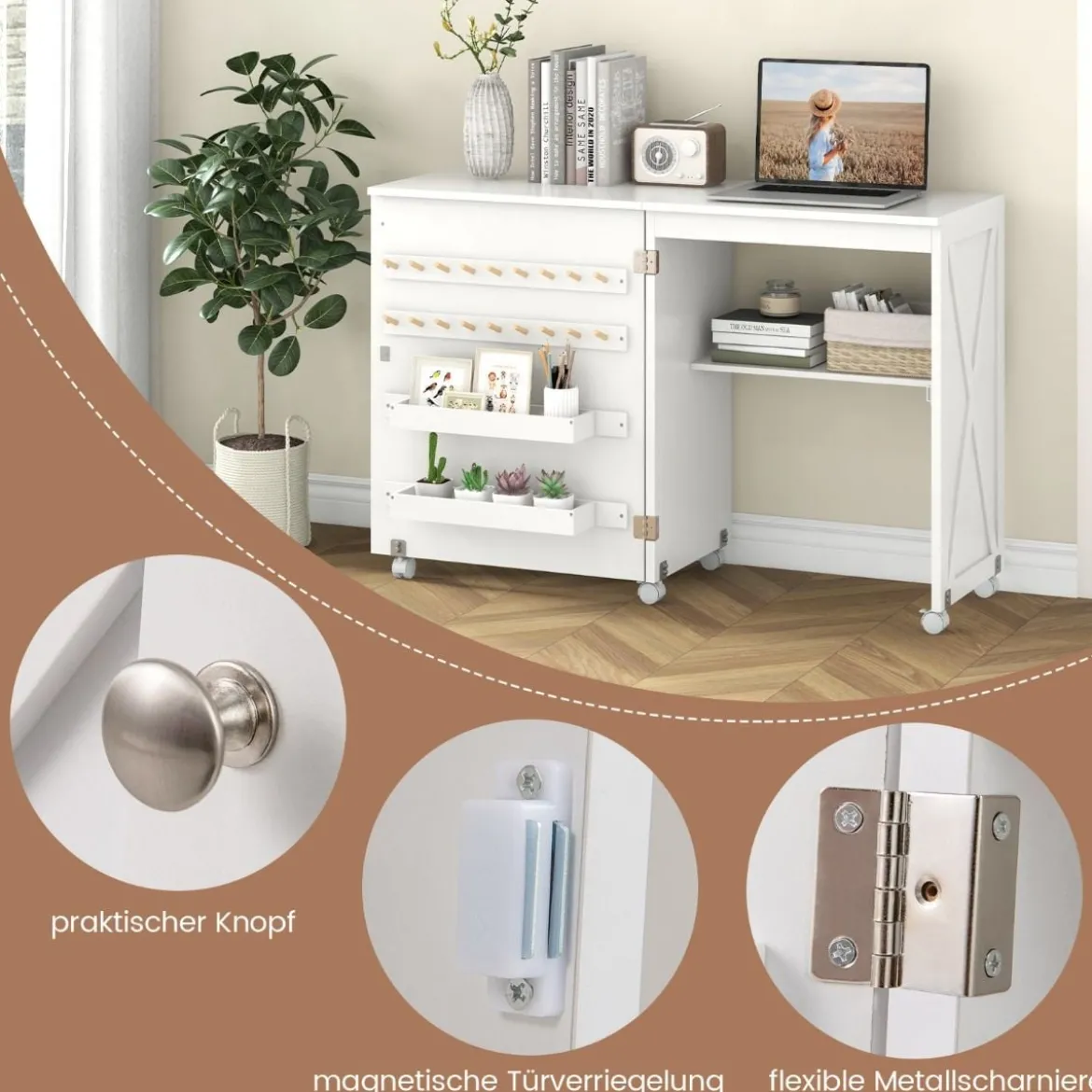 2 in 1 Nähschrank & Schreibtisch klappbar Nähtisch Mehrzweck-Bastelstation mit Ablagefläche Natur/Weiß