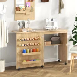 2 in 1 Nähschrank & Schreibtisch klappbar Nähtisch Mehrzweck-Bastelstation mit Ablagefläche Natur/Weiß