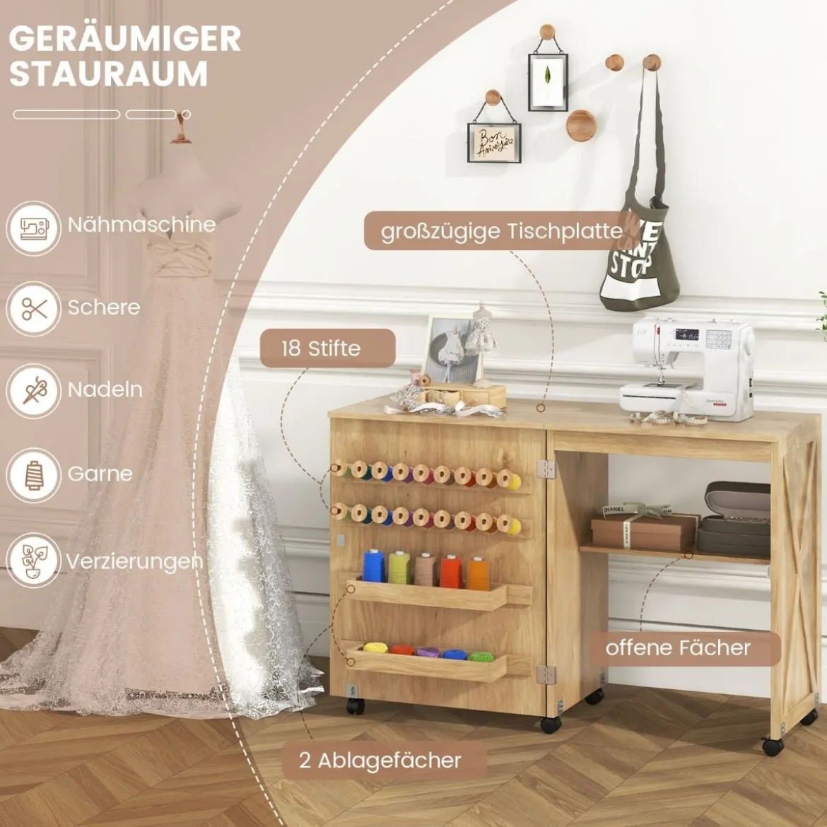 2 in 1 Nähschrank & Schreibtisch klappbar Nähtisch Mehrzweck-Bastelstation mit Ablagefläche Natur/Weiß