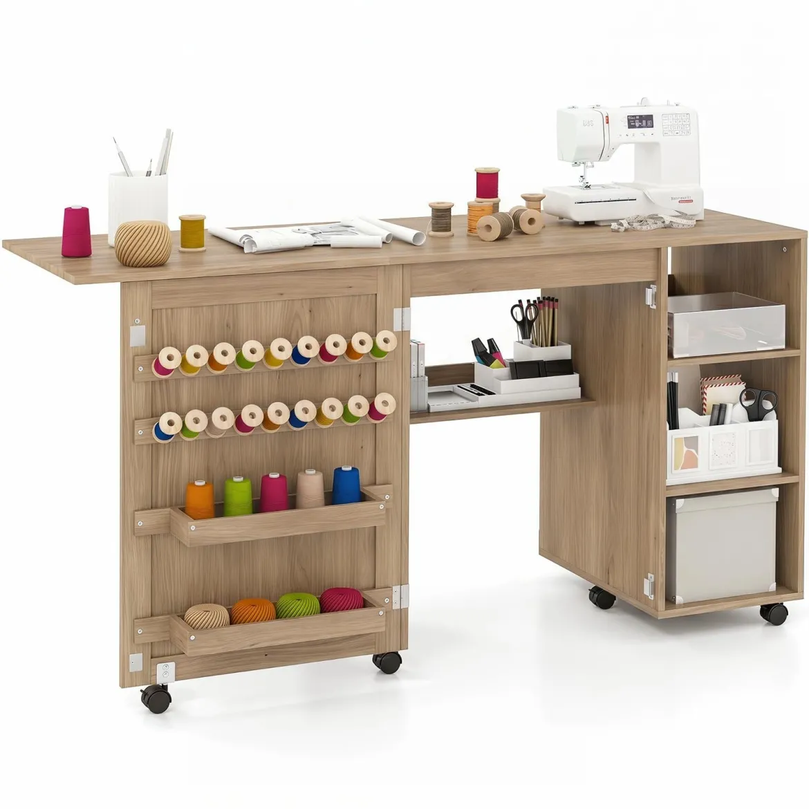 2 in 1 Nähtisch Schreibtisch Klappbar Multifunktionale Nähmaschinenstation mit Ablageflächen Braun
