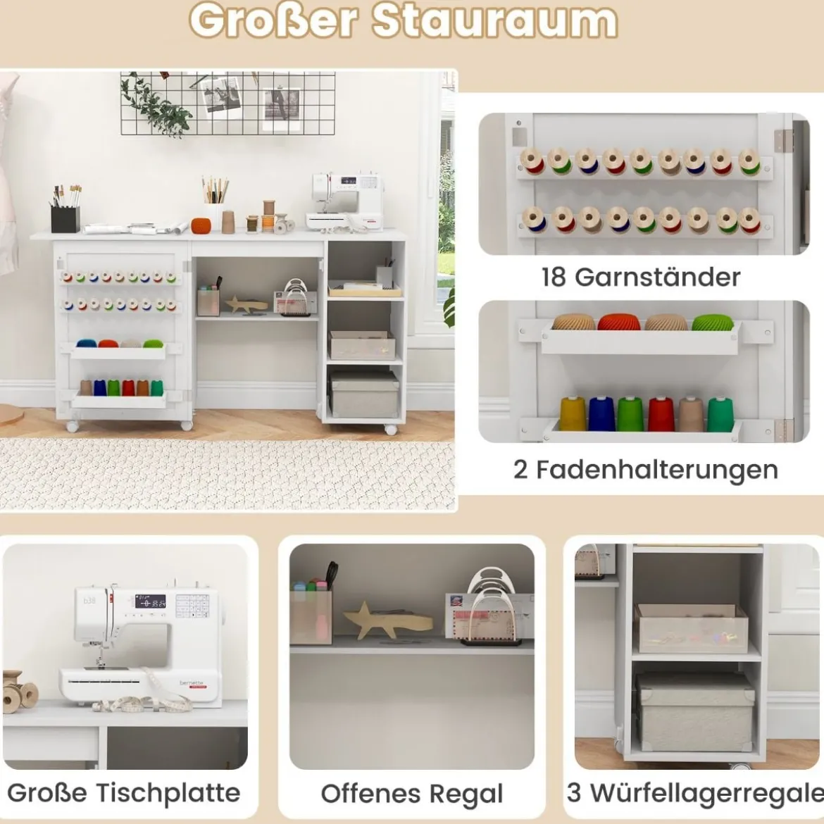 2 in 1 Nähtisch Schreibtisch klappbar multifunktionale Nähmaschinenstation mit Ablageflächen Weiß