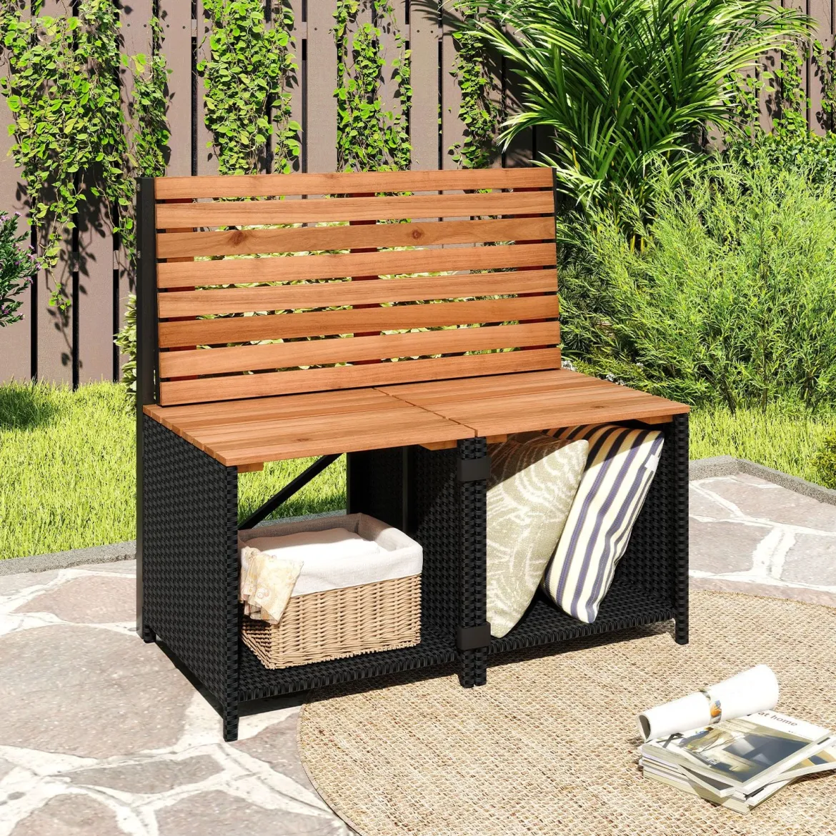 2-in-1 Outdoor Klappbank wandelbarer Picknicktisch & Gartenbank mit Metallrahmen Schwarz