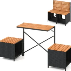 2-in-1 Outdoor Klappbank wandelbarer Picknicktisch & Gartenbank mit Metallrahmen Schwarz