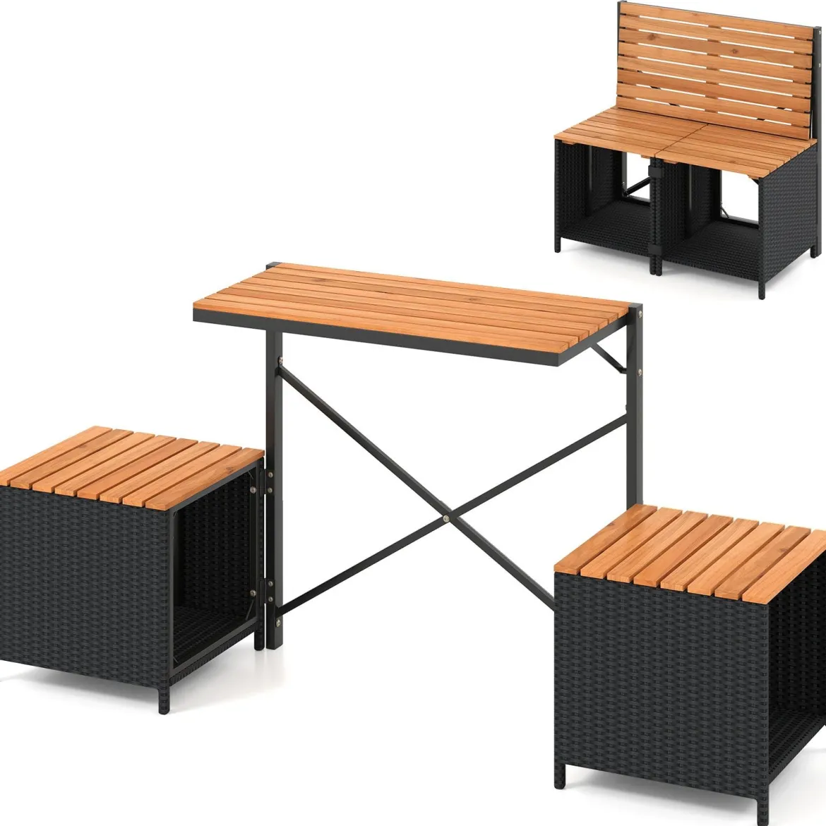 2-in-1 Outdoor Klappbank wandelbarer Picknicktisch & Gartenbank mit Metallrahmen Schwarz