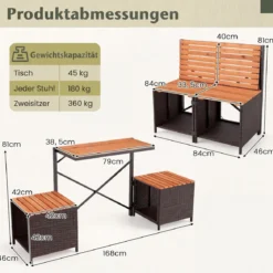 2-in-1 Outdoor Klappbank Wandelbarer Picknicktisch & Gartenbank mit Metallrahmen Braun