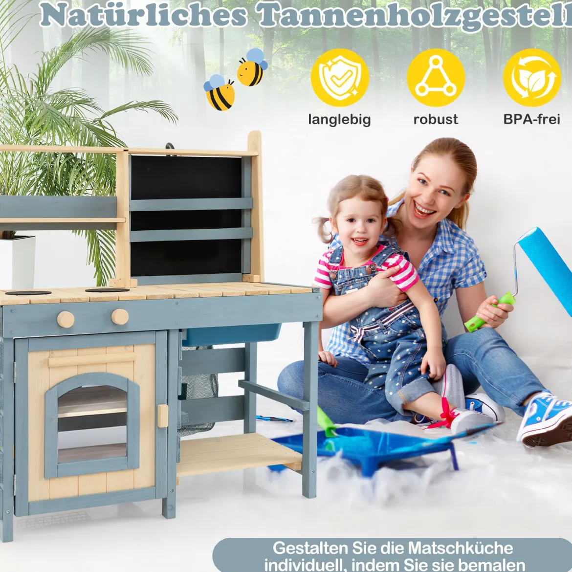 2 in 1 Outdoor Matschküche mit Wasserhahn & Abnehmbarem Waschbecken Kinderküche Blau