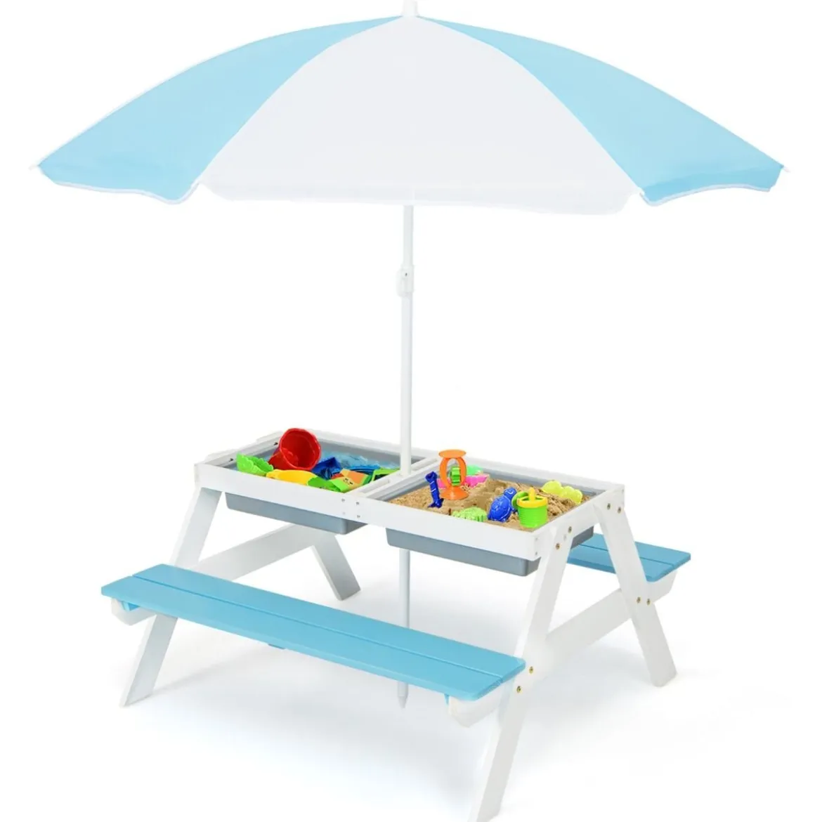 3-in-1 Picknicktisch für den Außenbereich Wasser & Sandtisch mit Spielboxen & Schirm Blau und Weiß