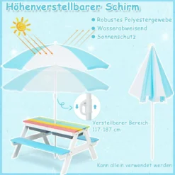 3-in-1 Picknicktisch für den Außenbereich Wasser & Sandtisch mit Spielboxen & Schirm Blau und Weiß