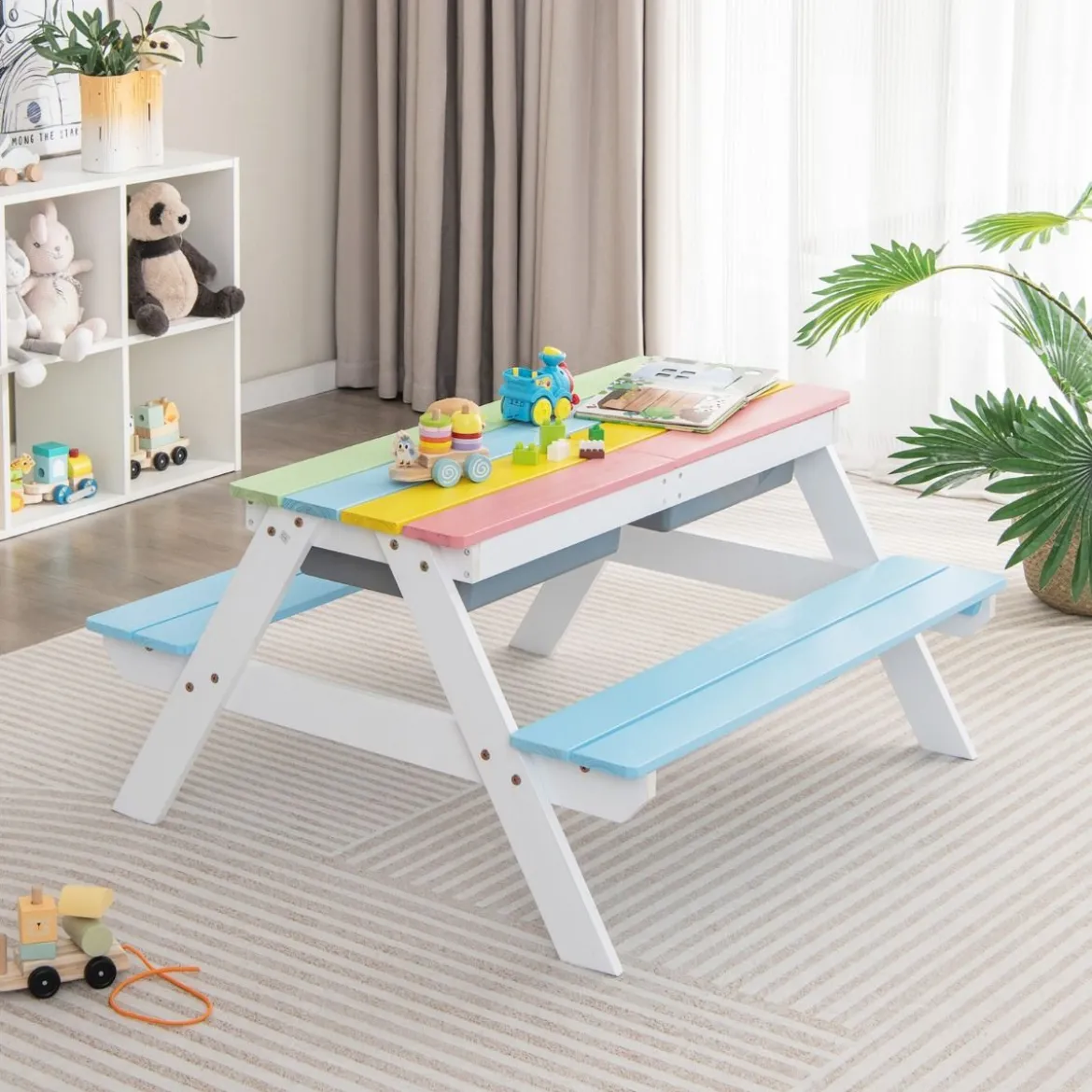 3-in-1 Picknicktisch für den Außenbereich Wasser & Sandtisch mit Spielboxen & Schirm Blau und Weiß