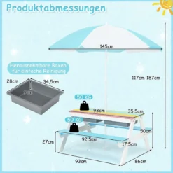 3-in-1 Picknicktisch für den Außenbereich Wasser & Sandtisch mit Spielboxen & Schirm Blau und Weiß