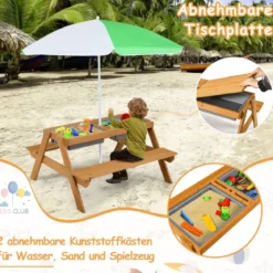 3-in-1 Picknicktisch für den Außenbereich Wasser & Sandtisch mit Spielboxen & Schirm Grün und Weiß