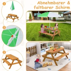 3-in-1 Picknicktisch für den Außenbereich Wasser & Sandtisch mit Spielboxen & Schirm Grün und Weiß