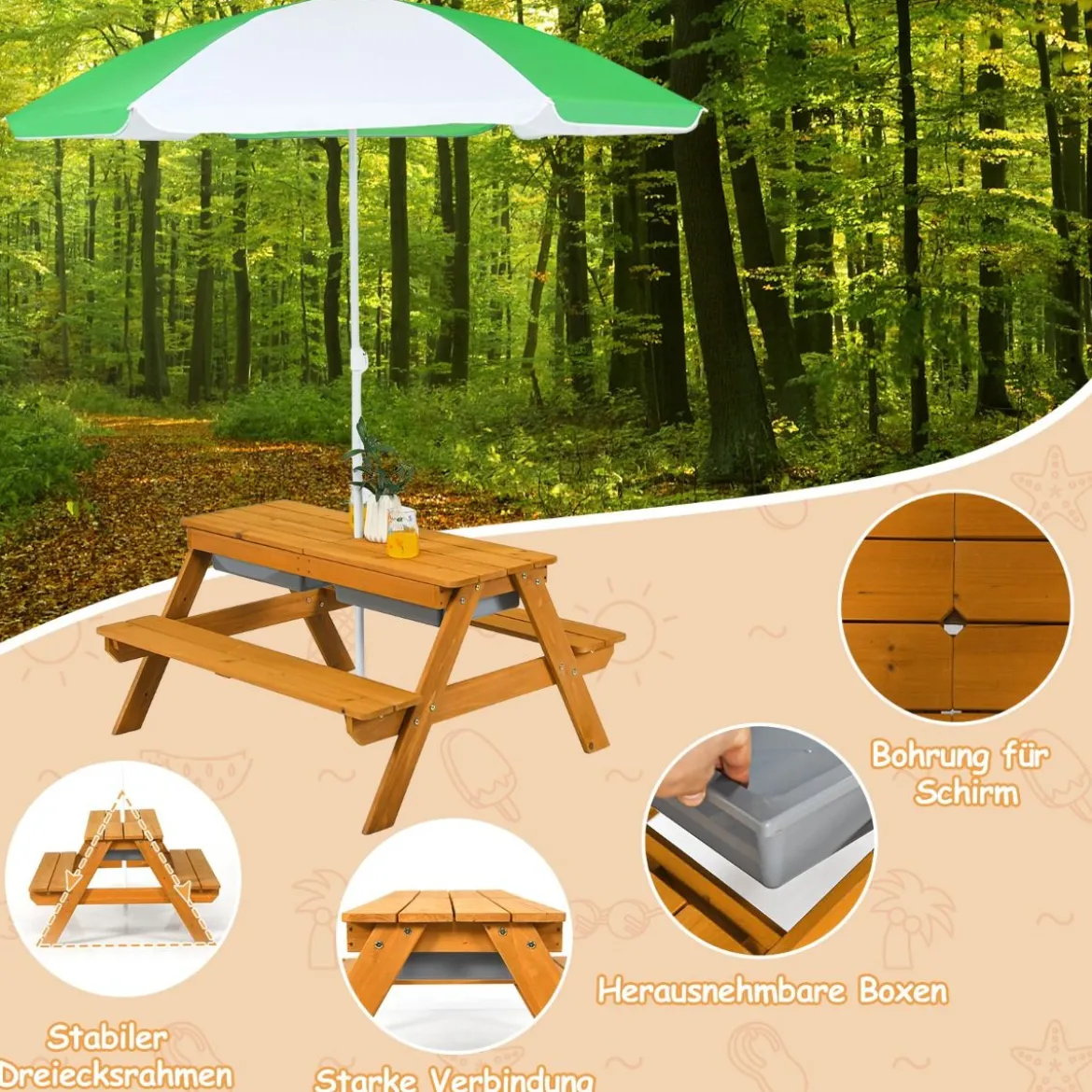 3-in-1 Picknicktisch für den Außenbereich Wasser & Sandtisch mit Spielboxen & Schirm Grün und Weiß