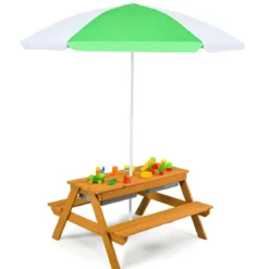 3-in-1 Picknicktisch für den Außenbereich Wasser & Sandtisch mit Spielboxen & Schirm Grün und Weiß
